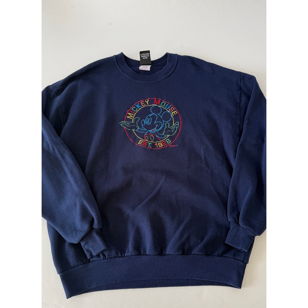 Vintage Mickey Unlimited Velva Sheen Navy Sweatshirt Neon Embroidered XL USA